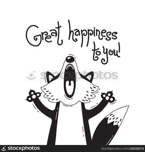 Illustration with joyful Fox who says - Great happiness to you. For design of funny avatars, posters and cards. Cute animal.. Illustration with joyful Fox who says - Great happiness to you. For design of funny avatars, posters and cards. Cute animal in vector.