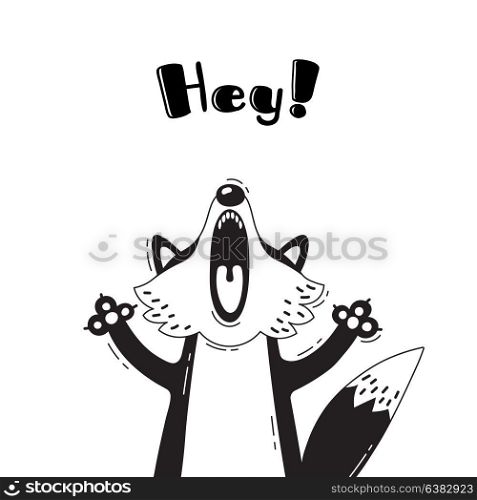 Illustration with joyful Fox who shouts - Hey. For design of funny avatars, welcome posters and cards. Cute animal.. Illustration with joyful Fox who shouts - Hey. For design of funny avatars, welcome posters and cards. Cute animal in vector.