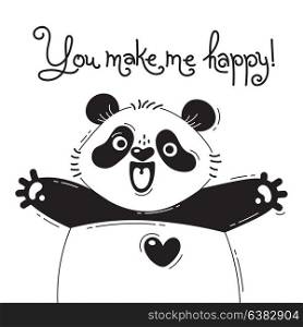 Illustration with joyful panda who says - You make me happy. For design of funny avatars, posters and cards. Cute animal.. Illustration with joyful panda who says - You make me happy. For design of funny avatars, posters and cards. Cute animal in vector.