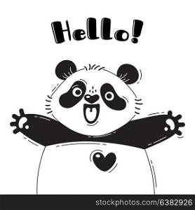 Illustration with joyful panda who shouts - Hello. For design of funny avatars, welcome posters and cards. Cute animal.. Illustration with joyful panda who shouts - Hello. For design of funny avatars, welcome posters and cards. Cute animal in vector.