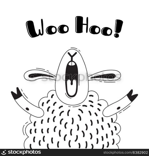 Illustration with joyful sheep who shouts - Woo Hoo. For design of funny avatars, welcome posters and cards. Cute animal.. Illustration with joyful sheep who shouts - Woo Hoo. For design of funny avatars, welcome posters and cards. Cute animal in vector.