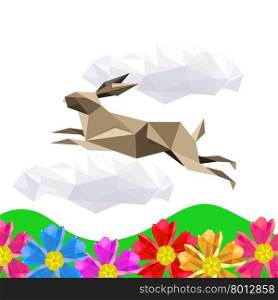 Illustration with jumping origami rabbit on flower landscape