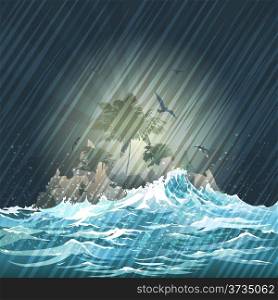 Illustration with lost island in the storming ocean against night rainy sky