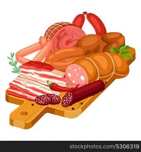 Illustration with meat products on wooden cutting board. Illustration of sausages, bacon and ham. Illustration with meat products on wooden cutting board. Illustration of sausages, bacon and ham.