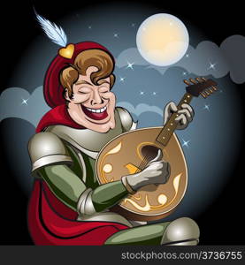 Illustration with minstrel in armour and red coat play on lute and sing serenade to his damsel drawn in cartoon style