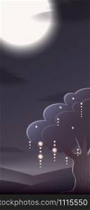 Illustration with moon, tree and lanterns for postcards, backgrounds, posters, and your creativity