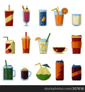 Illustration with non alcoholic drinks. Vector pictures in cartoon style. Set of beverage drinks water amd juice, lemonade and soda. Illustration with non alcoholic drinks. Vector pictures in cartoon style