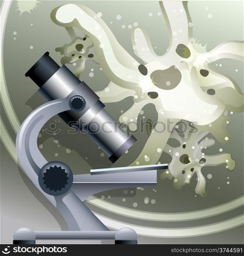 Illustration with optical microscope against amoebas under magnifying tube