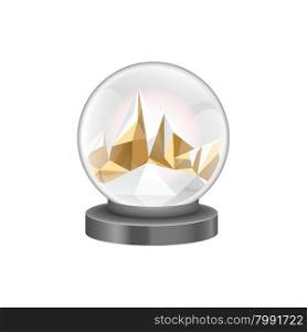 Illustration with origami mountain inside snow globe, isolated on white background