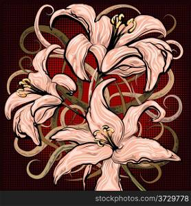 Illustration with pink lilies against halftoned dark background drawn in cartoon style