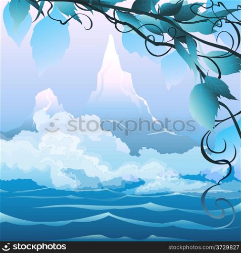Illustration with river landscape and mountains in the early foggy morning&#xA;