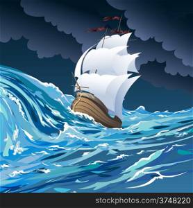 Illustration with sail ship drifting in stormy ocean against cloudy night sky drawn in cartoon style