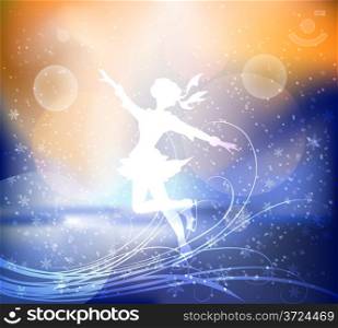 Illustration with silhouette of young girl on skates against snowy winter morning and falling snowflakes
