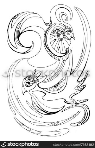 Illustration with stylized black and white birds of paradise for forms, coloring, scrapbooking, and your creativity