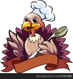 Illustration with talking turkey in a cook cap holds a spoon behind the banner drawn in cartoon style