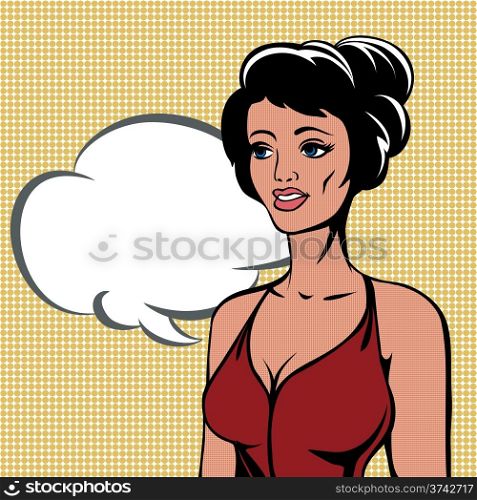 Illustration with talking woman against speech bubble drawn in vintage style with use halftone pattern