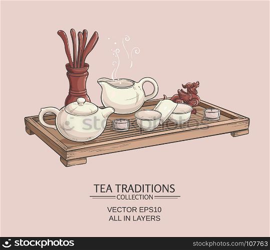illustration with tea ceremony. Tea table with teapot, tea bowls, tea jug and tea tools