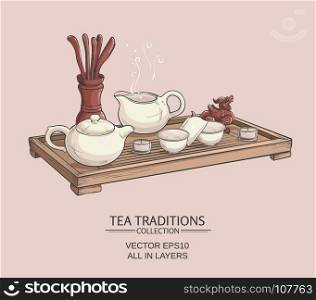 illustration with tea ceremony. Tea table with teapot, tea bowls, tea jug and tea tools