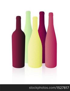 Illustration with volume of different wine bottles. Colors of red, rose and white wine. Halftone dot texture. Illustration for wine event designs. vector