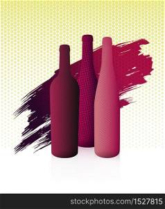 Illustration with volume of different wine bottles. Colours of red and rose wine. Halftone dot texture. Illustration for wine event designs. Abstract stroke background. Vector