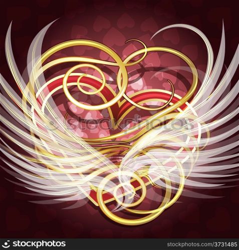 Illustration with winged heart with golden curls against festive background