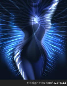 Illustration with winged woman body against dark blue background
