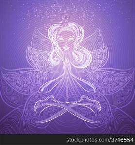 Illustration with woman sitting in yoga position of meditation against swirly background