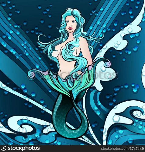 Illustration with young pretty mermaid against sea background drawn in retro style.