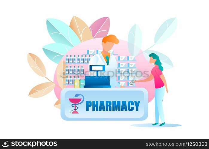 Illustration Woman Buying Medicine at Pharmacy. Vector Girl Stretches Male Pharmaceutical Worker Banknote. Purchase Medication by Prescription. Showcase with Drug. Pharmacist is Behind Cash Register