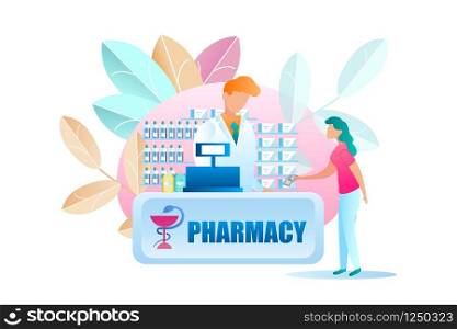 Illustration Woman Buying Medicine at Pharmacy. Vector Girl Stretches Male Pharmaceutical Worker Banknote. Purchase Medication by Prescription. Showcase with Drug. Pharmacist is Behind Cash Register