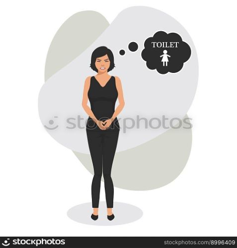 illustration woman with urine urgency problem in public toilet. Girl with hands holding her crotch. Strong urge to urinate, Cartoon-vector, EPS10. Young woman suffering from desire to pee. Girls wants to use the toilet. holding urinary bladder want to go to toilet
