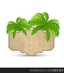 Illustration wooden advertising signboard with palms isolated - vector