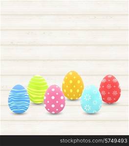 Illustration wooden background with colorful traditional eggs for Easter - vector