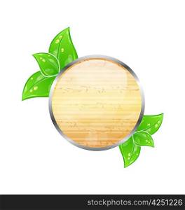 Illustration wooden circle board with eco green leaves - vector