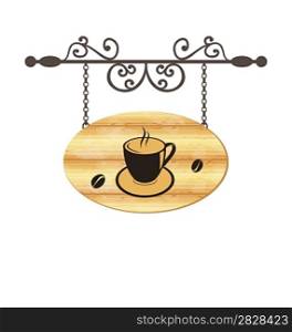 Illustration wooden forging sign with coffee cup - vector