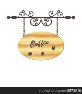 Illustration wooden sign with coffee bean, floral forging elements - vector