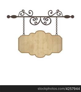 Illustration wooden sign with place for text, floral forging elements - vector