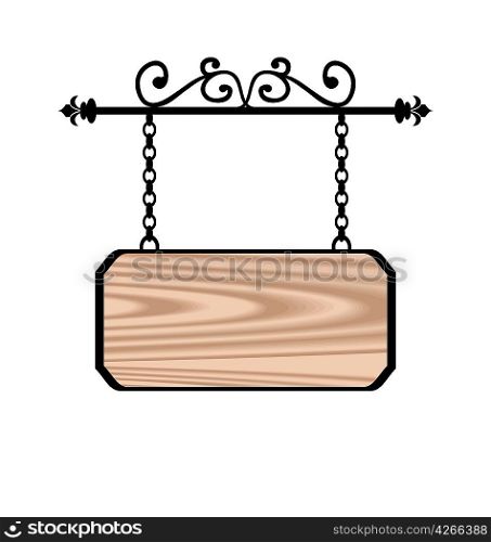 Illustration wooden sign with place for text, floral forging elements - vector