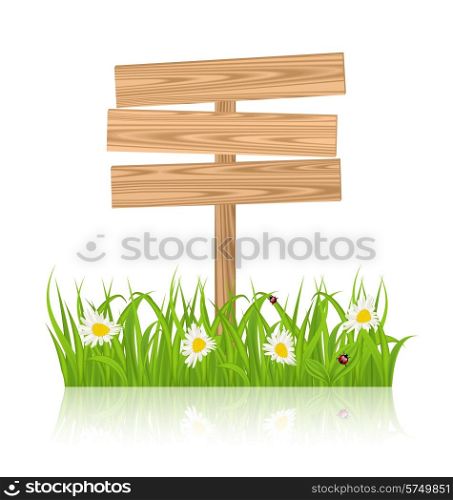 Illustration wooden signboard for guidepost with field green grass and camomile and ladybugs - vector