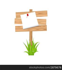 Illustration wooden signpost with announcement, grass - vector