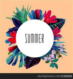 Illustration word summer in a round floral frame tropic flowers. Fashion summer wedding invitation vector print poster