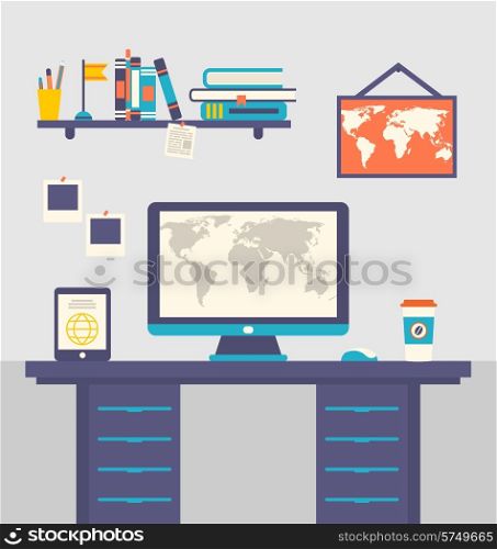 Illustration work place home interior, table, tablet pc, computer, monitor, coffee, book shelf, flat style design - vector
