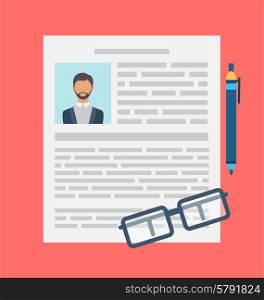 Illustration Writing a Business CV Resume Concept, Flat icon of Document, Pen, Glasses - Vector