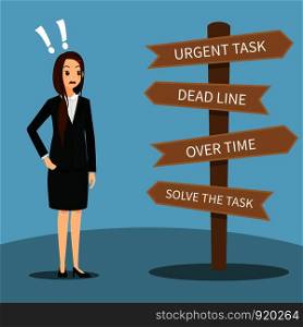 Illustration Young businesswoman with choice and job problems. urgent task ,deadline , overtime , solve , vector eps10