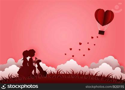 Illustration Young couple dating in Valentine day , Couple wearing a helmet riding a motorcycle . Safe journey . Paper Heart shape balloon floating in the sky . Paper Sculpture art Style , Vector