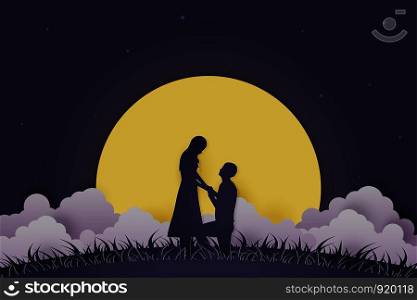 Illustration Young couple dating in Valentine day , Man kneeling to propose married to woman at night with full moon and cloud , romantic . star on the sky . Paper Sculpture art Style , Vector