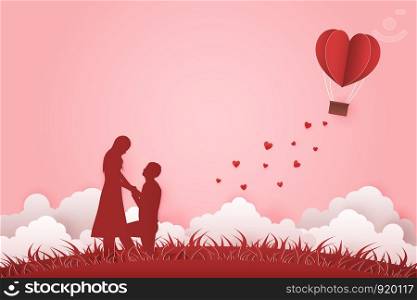 Illustration Young couple dating in Valentine day , Man kneeling to propose married to woman. Paper Heart shape balloon floating in the sky . Paper Sculpture art Style , Vector