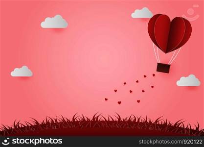 Illustration Young couple dating in Valentine day . Paper Heart shape balloon floating in the sky . Paper Sculpture art Style , Vector