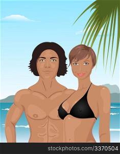 Illustration young couple on the beach - vector