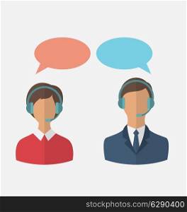 Illustrations flat icons of call center operators with man and woman wearing headsets, people isolated on white background - vector